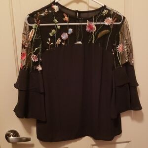 Black Blouse with Floral Embroidery